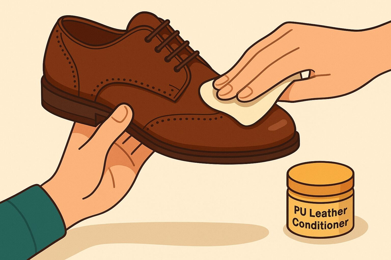 Person applying PU leather conditioner lightly to shoe with soft cloth