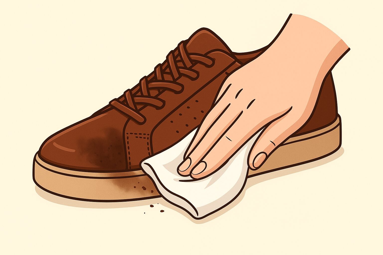 Digital illustration of a hand wiping a brown PU leather sneaker with a soft white cloth, removing dirt from the shoe surface.