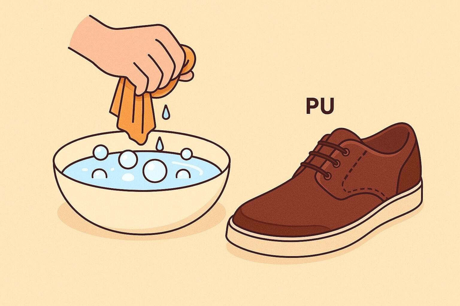 Cloth being wrung out from bowl of mild soapy water before cleaning PU shoes