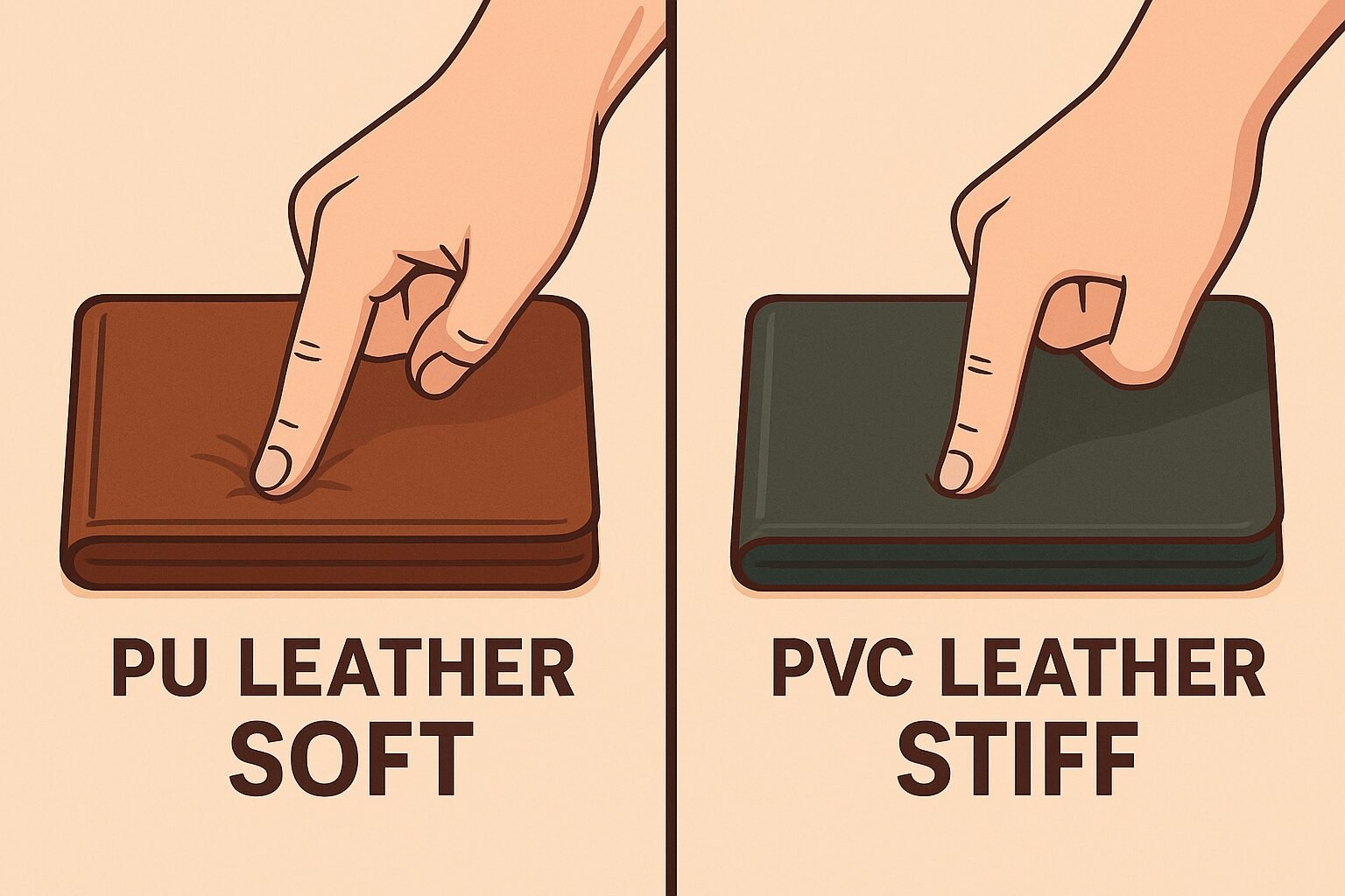 Hand pressing PU leather showing softness compared to PVC leather showing stiffness