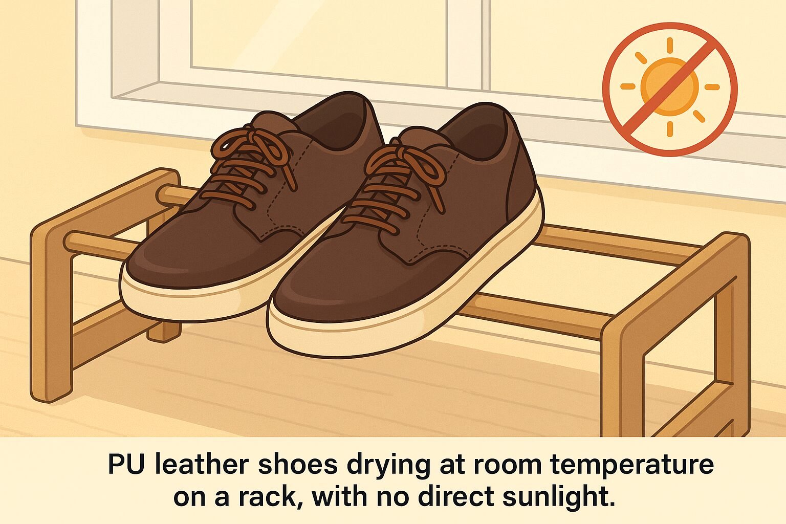 PU leather shoes drying on rack at room temperature away from direct sunlight