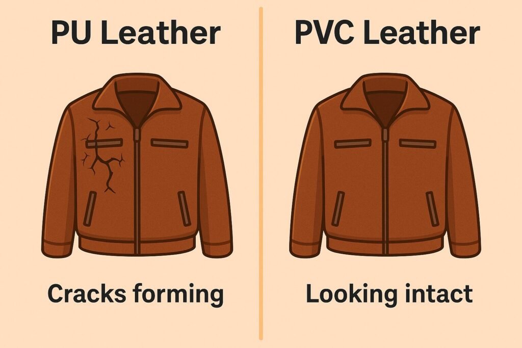 Side-by-side illustration comparing PU leather jacket with cracks forming versus PVC leather jacket that looks intact, highlighting durability difference