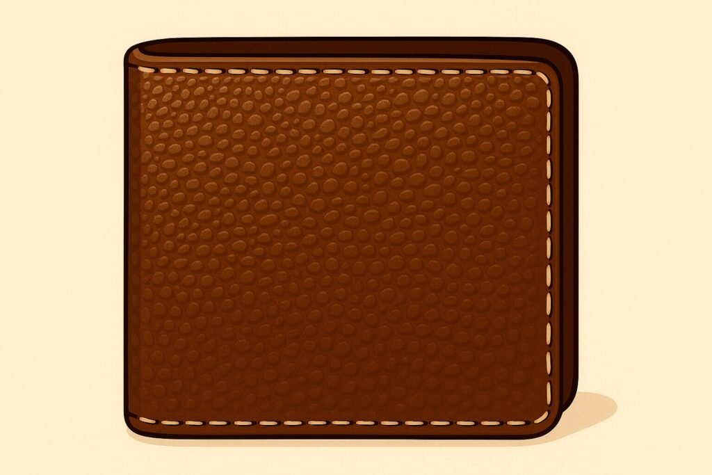 Close-up digital illustration of a brown pebbled leather wallet highlighting its textured grain and detailed stitching