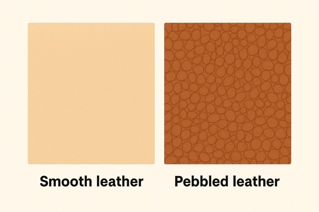 Side-by-side digital illustration comparing smooth leather and pebbled leather surfaces. The smooth leather on the left appears uniform and sleek, while the pebbled leather on the right shows a textured, grainy pattern.