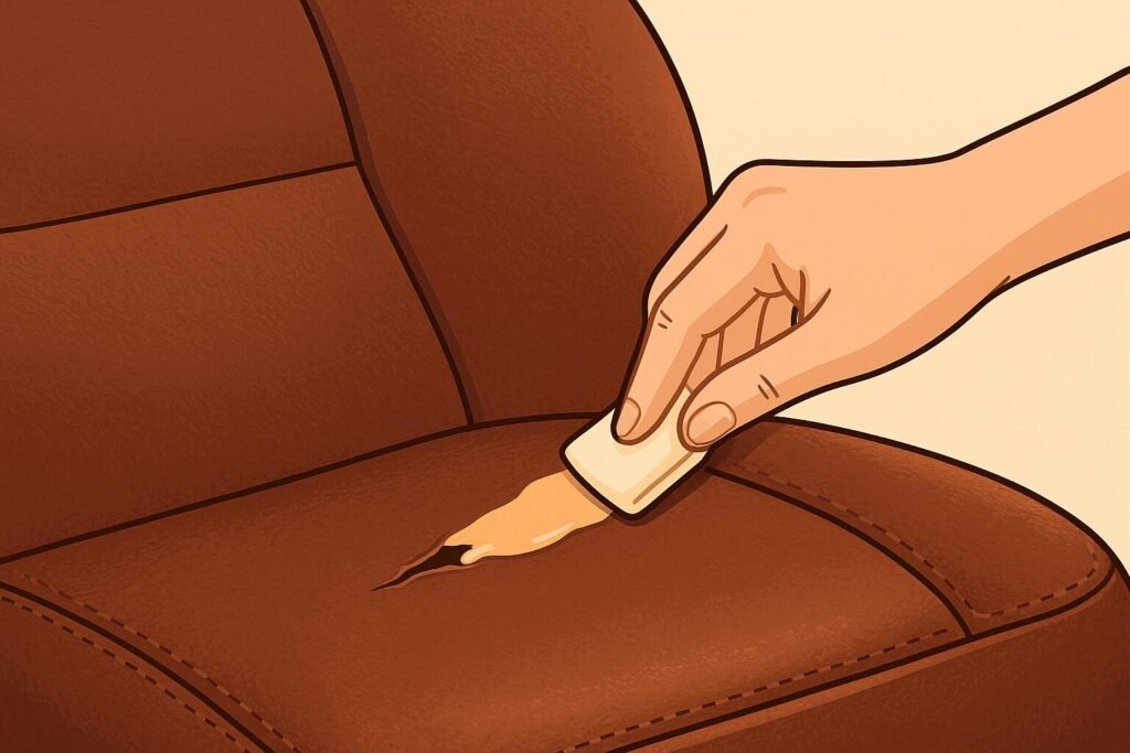 "Digital illustration showing a close-up of a brown leather car seat with a tear being patched using filler and color by hand