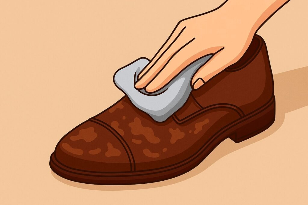 Digital illustration of a hand gently patting a wet leather shoe with a soft cloth to absorb moisture.