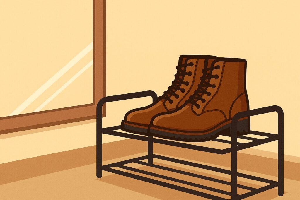 Digital illustration of leather boots drying naturally at room temperature on a rack, placed away from direct sunlight or heaters