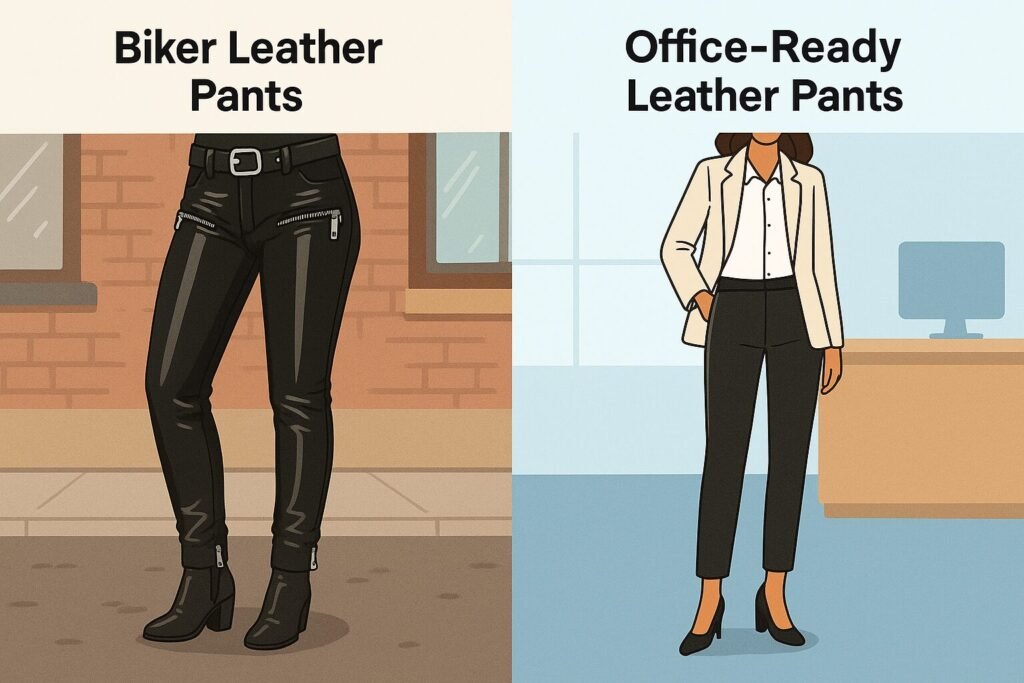 Side-by-side digital illustration comparing biker leather pants with zippers and a shiny finish against office-ready matte leather pants styled with a blazer, highlighting casual vs professional use.