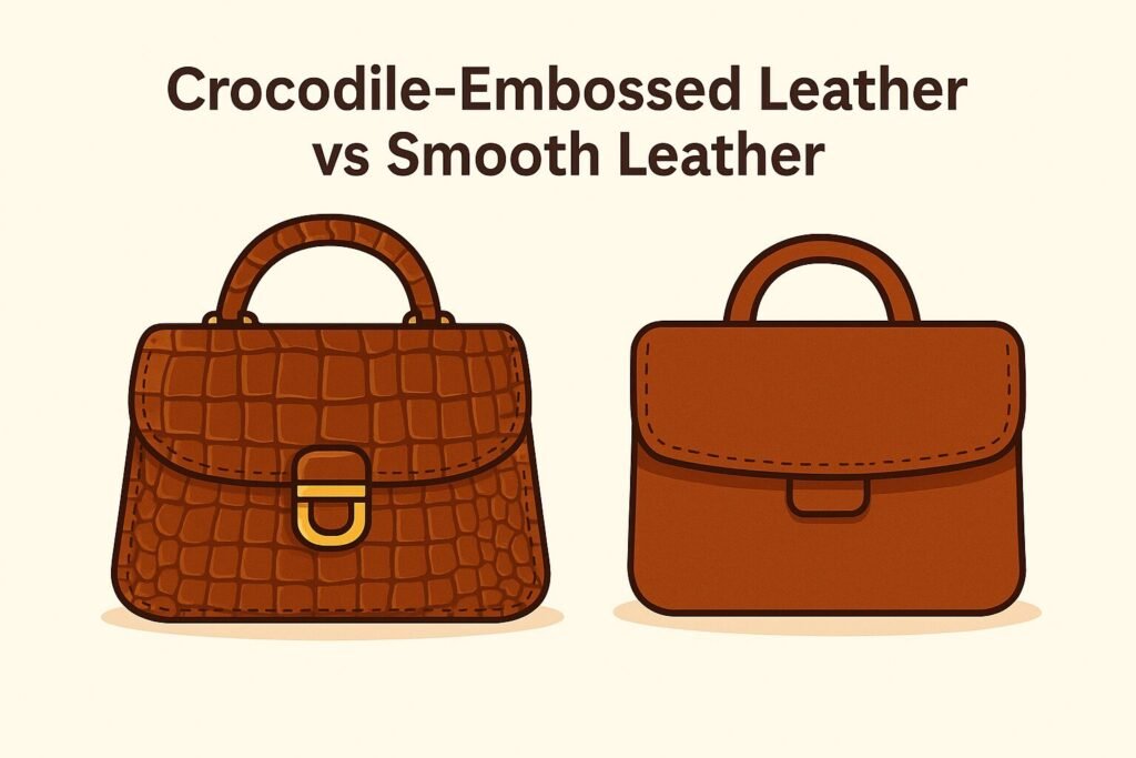 Digital illustration comparing a crocodile-embossed leather bag with a smooth leather bag, highlighting texture and style differences