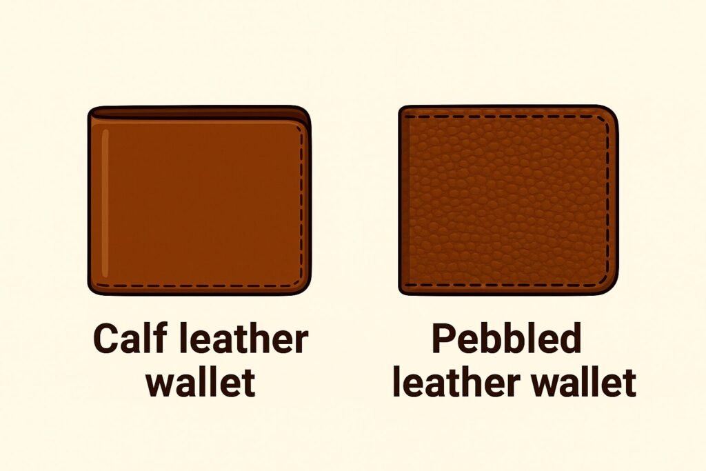 Side-by-side digital illustration comparing calf leather wallet with smooth sleek surface and pebbled leather wallet with grainy textured finish.