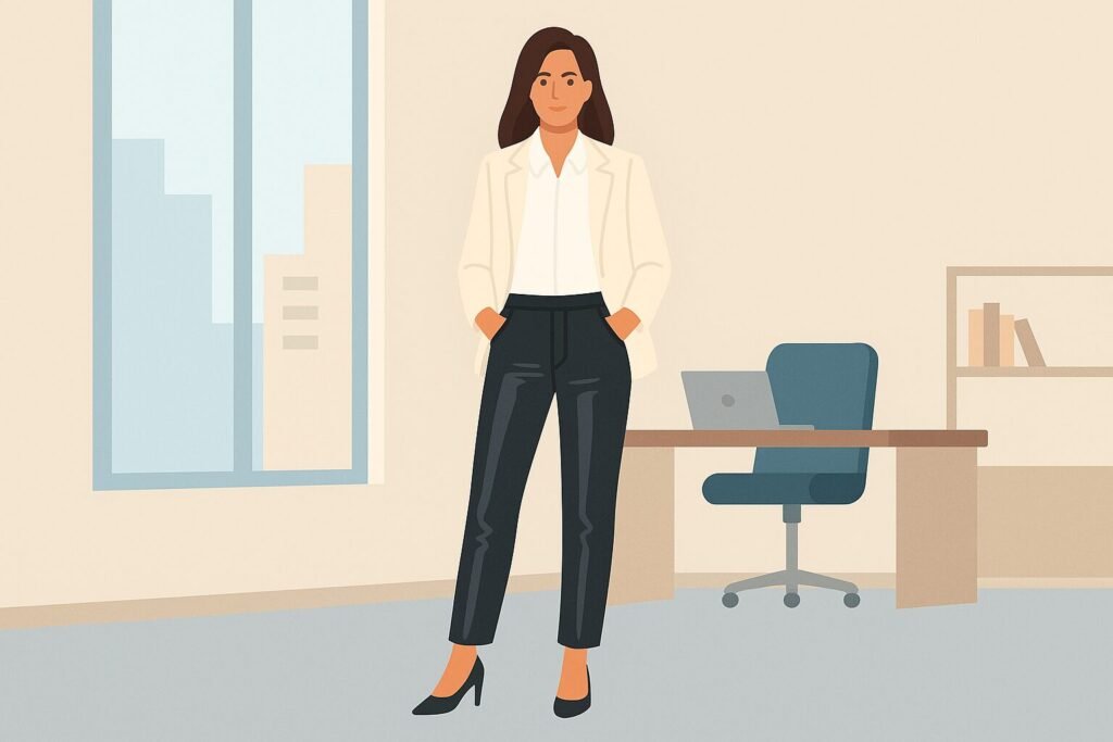 Digital illustration of a professional woman in tailored black leather pants, white shirt, and cream blazer in a modern office setting.