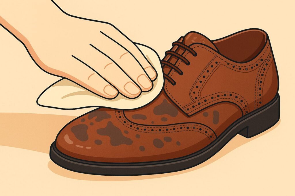 Digital illustration of a hand gently patting a wet leather shoe with a soft cloth to absorb moisture and prevent damage.