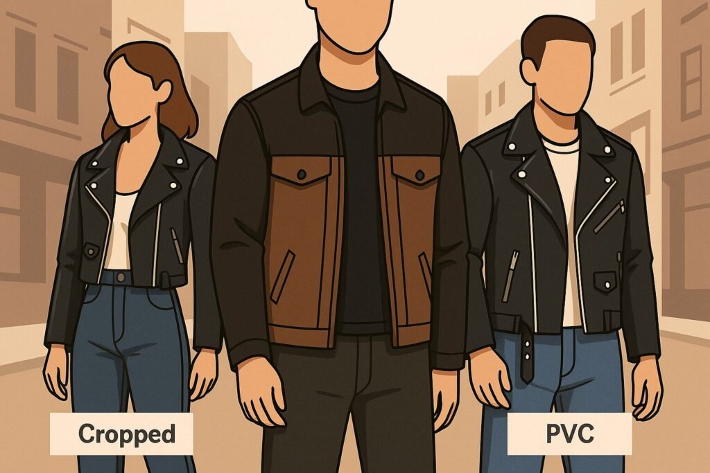 Digital illustration of three leather jacket styles in 2025: cropped black leather for women, hybrid leather-fabric jacket for men, and classic biker leather jacket, all styled in a modern urban streetwear look.