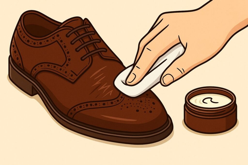 Hand applying leather cream to a scratched brown leather shoe (close-up), illustrating scratch repair and conditioning