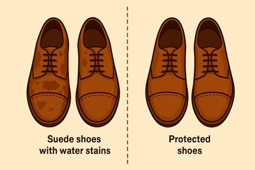 Digital illustration comparing suede shoes with water stains on the left versus protected suede shoes on the right, showing the importance of proper care.