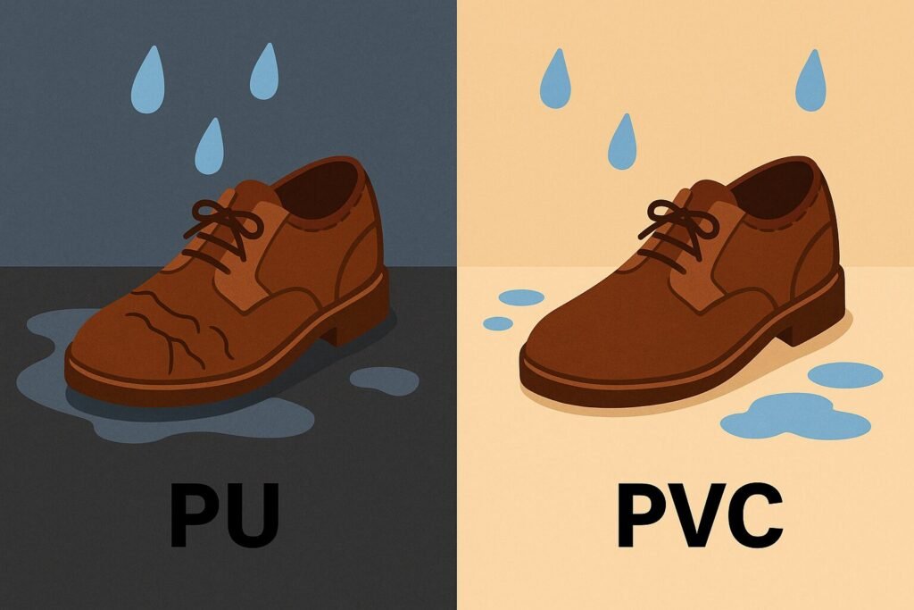 Comparative digital illustration showing PU leather shoes cracking under rain versus PVC leather shoes resisting water without damage