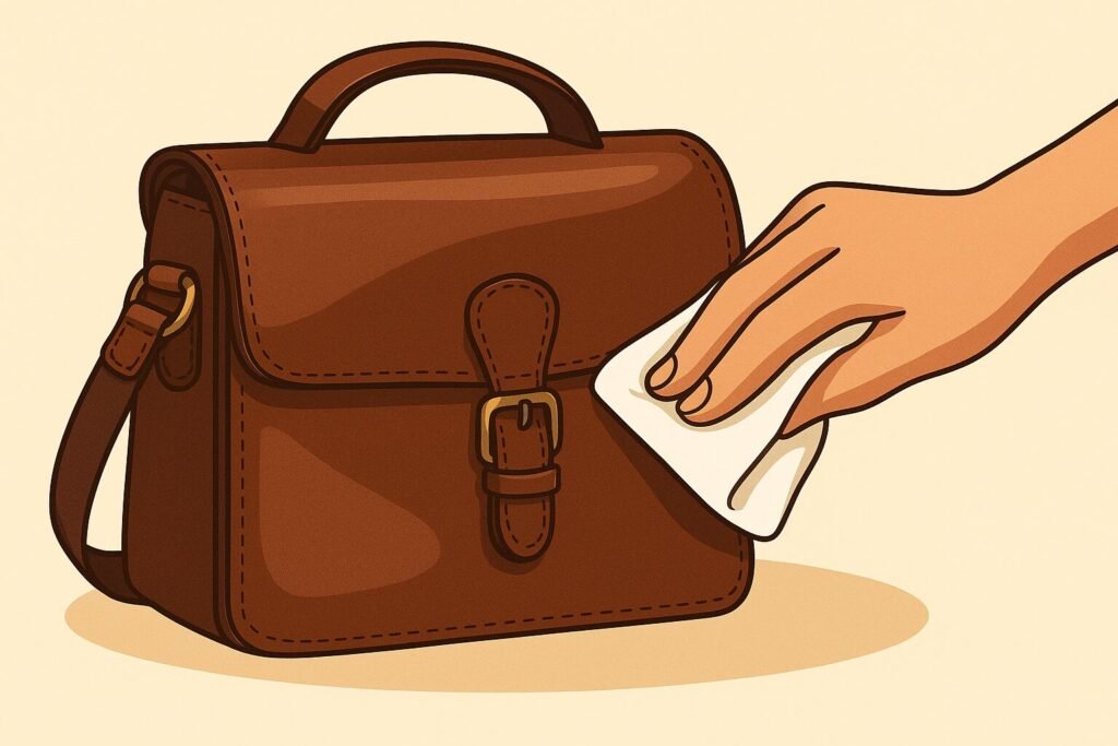 Digital illustration of a hand applying leather conditioner with a cloth to a brown satchel bag, highlighting the leather’s surface and stitching.