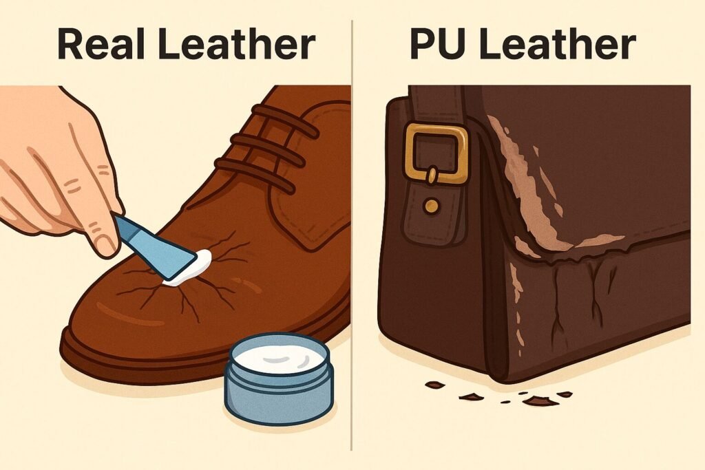 Side-by-side digital illustration comparing real leather and PU leather. On the left, a hand applies cream to repair cracks in a brown real leather shoe. On the right, a brown PU leather bag shows peeling and flaking damage, highlighting that it cannot be repaired.