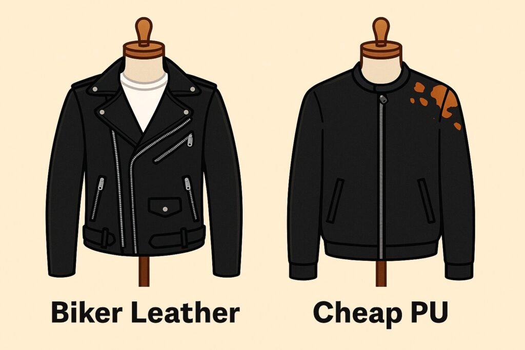 Digital illustration comparing a premium biker leather jacket with silver zippers on the left, and a cheap PU leather jacket peeling at the shoulder on the right, both displayed on mannequins.