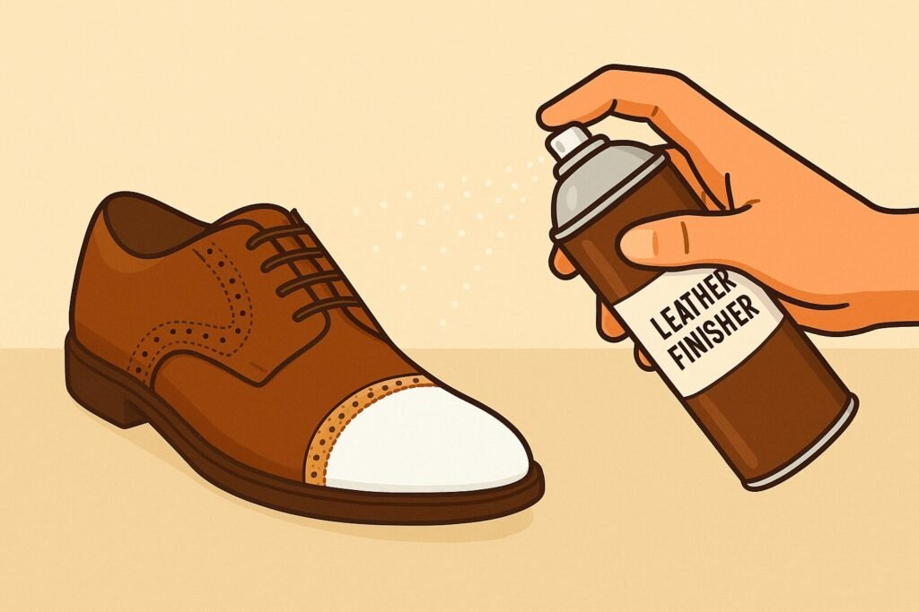Digital illustration showing a hand spraying leather finisher onto a brown leather shoe, representing the final sealing step in painting leather