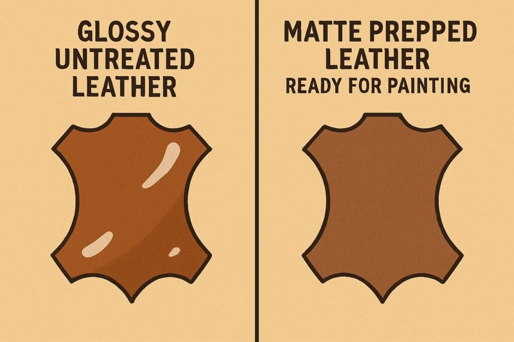 Side-by-side digital illustration comparing glossy untreated leather with reflective shine and matte prepped leather with a flat texture, labeled for clarity.
